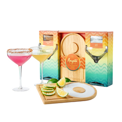Margarita Glass, Salt & Board Gift Set - Includes 2 Ribbed 12oz Stemmed Glasses, Chili & Regular Salt, Wooden Rimmer Board, Beautiful Gift Box - Gifts for Margarita Lovers, Cocktail Parties, Holiday-0