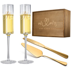 Wedding, Bridal Mr & Mrs Champagne Flutes Gift | Set of 2 | Crystal Champagne Flutes for Him and Her, Valentine's Day, Housewarming Gifts, Engagement Shower Gift for Bride and Groom GIFT BOX (Gold)-0