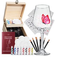 Wine Glass Painting Gift Set - Do it Yourself! Creative Glassware Paint Kit for Wine Nights - Comes with Two 12 OZ Wine Glasses, Paint, Palette, Paintbrushes, Stencils, Stickers - Wine Lover Gift-0